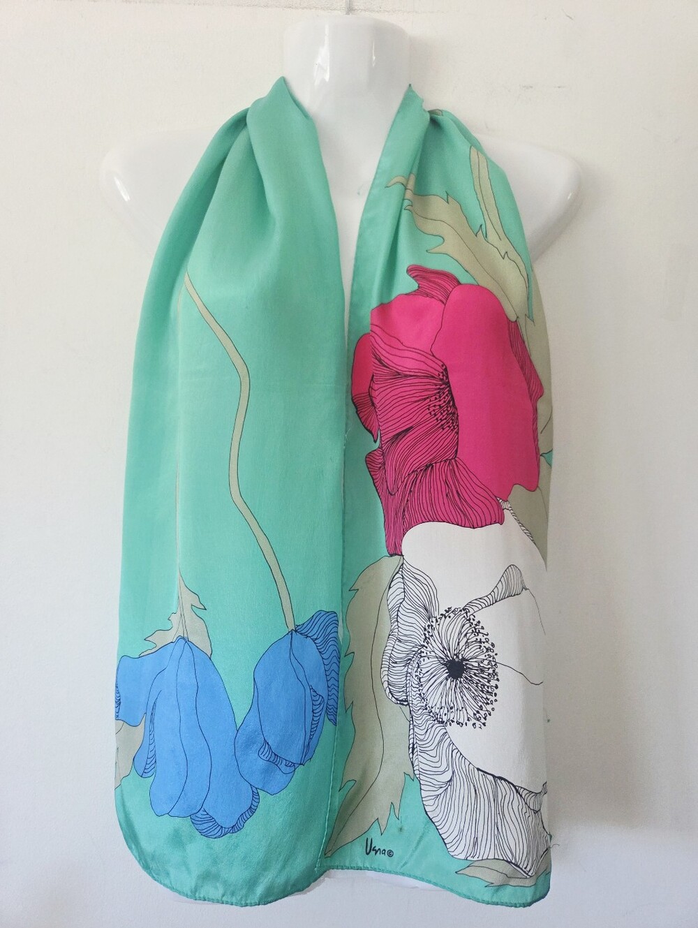 Una Floral Print Turquoise Oblong Sik Scarf Vintage